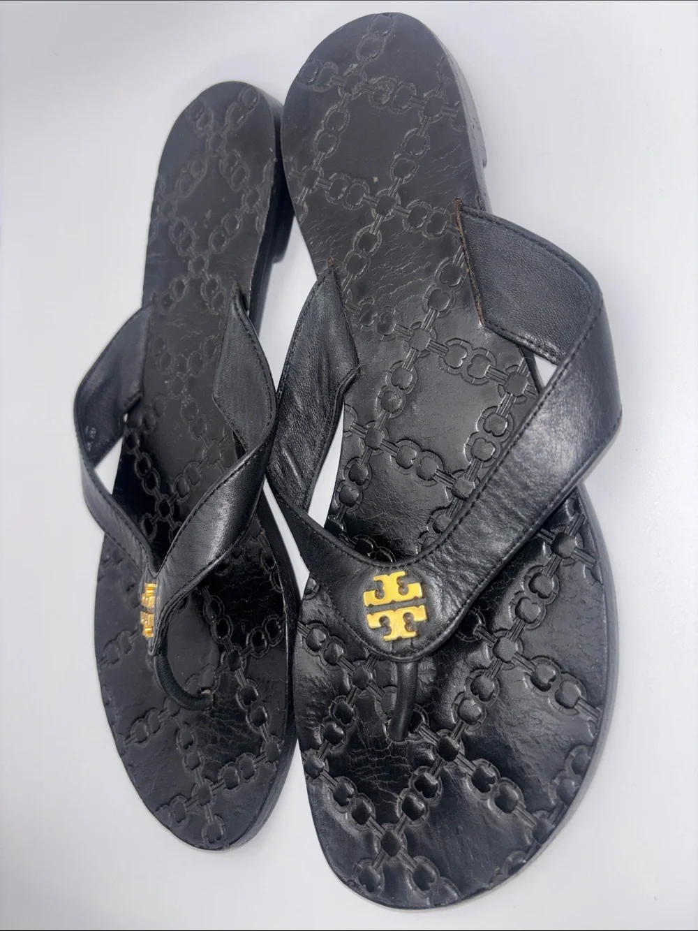 Tory Burch Black Leather Logo Thong Sandals with Gold Emblem